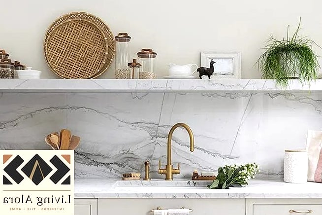Slab Backsplash with Brass Accents