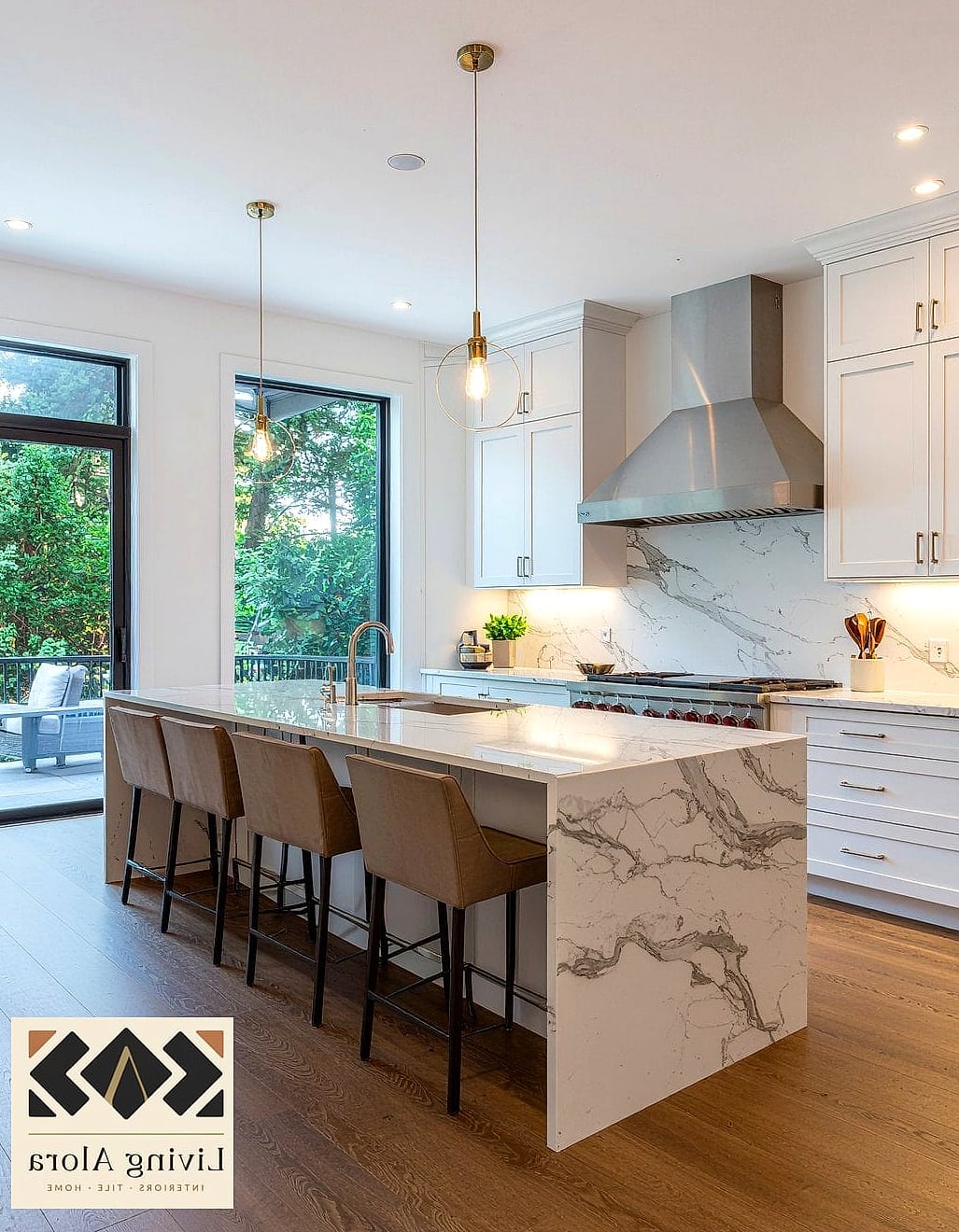 20 Modern Backsplash Ideas That Maximize Style and Function 19 Slab Backsplash with Waterfall Countertop Pairing