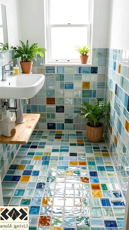 Small Bathroom Floor in Glass Penny Tile