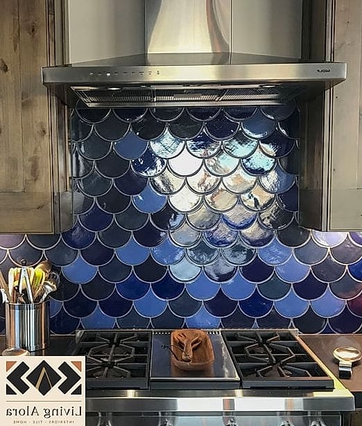 Soft Blue Fish Scale Backsplash in a Coastal Kitchen