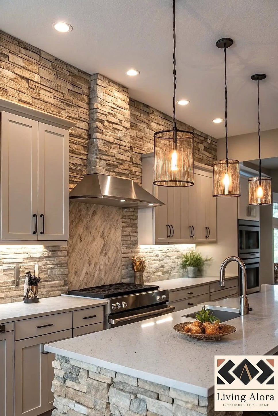 17 Ceiling Height Backsplash Ideas From Homes We Absolutely Love 8 Stacked Stone Tile With a Rustic Farmhouse Feel