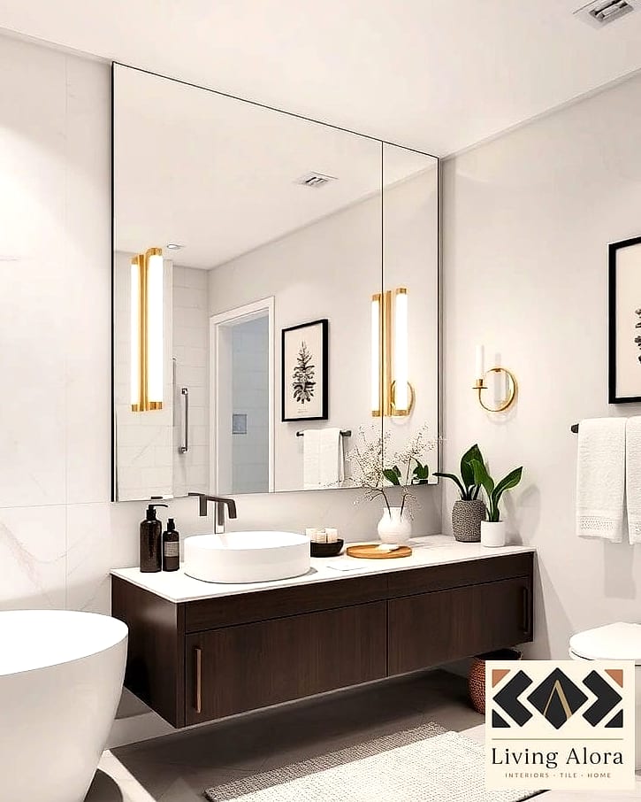 21 White Bathroom Ideas That Maximize Style and Function 15 Statement Mirror in a Round or Arched Shape