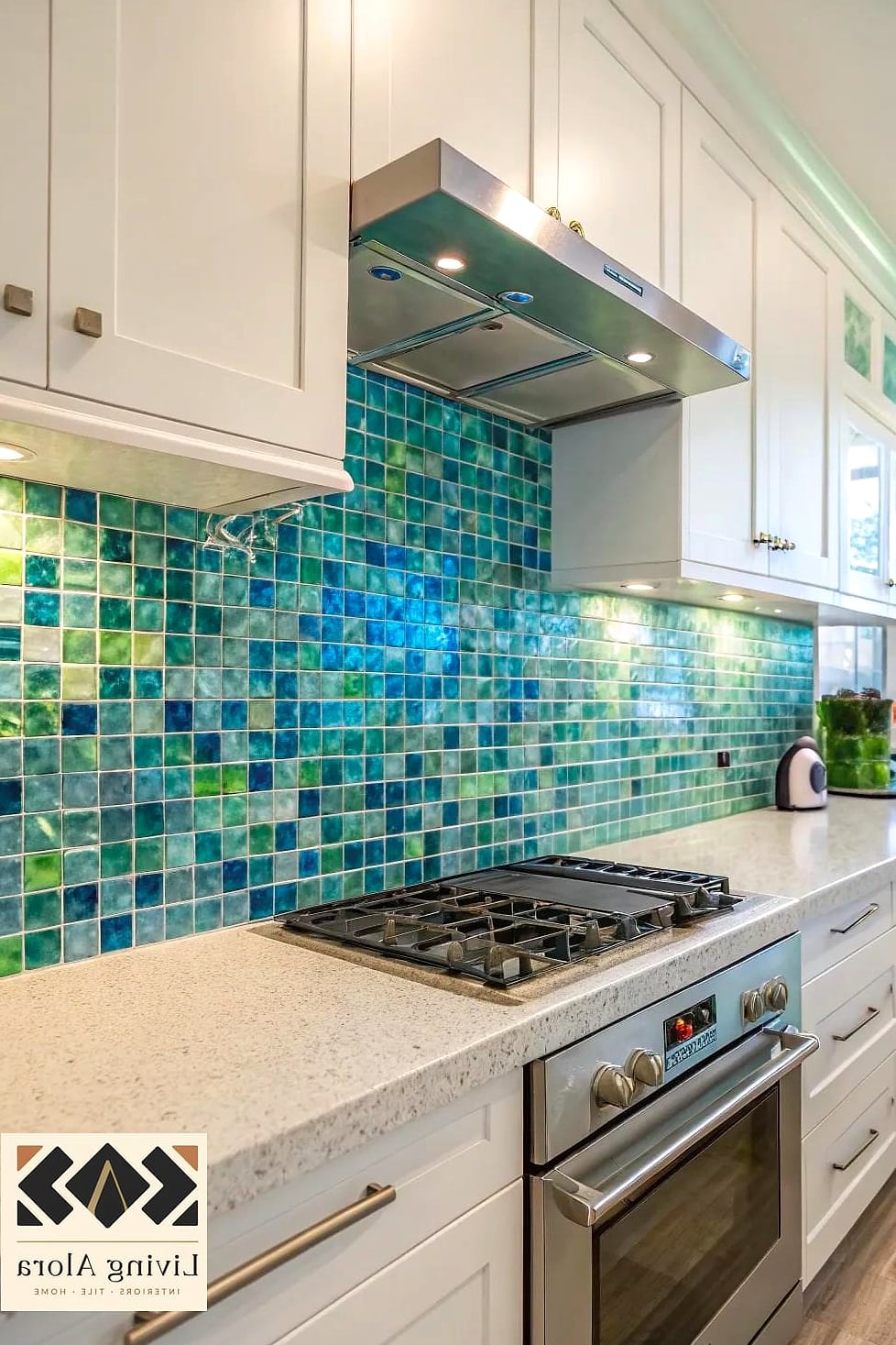 25 Colorful Glass Backsplash Ideas That Maximize Style and Function 19 Teal Glass Tile Kitchen Island Backsplash