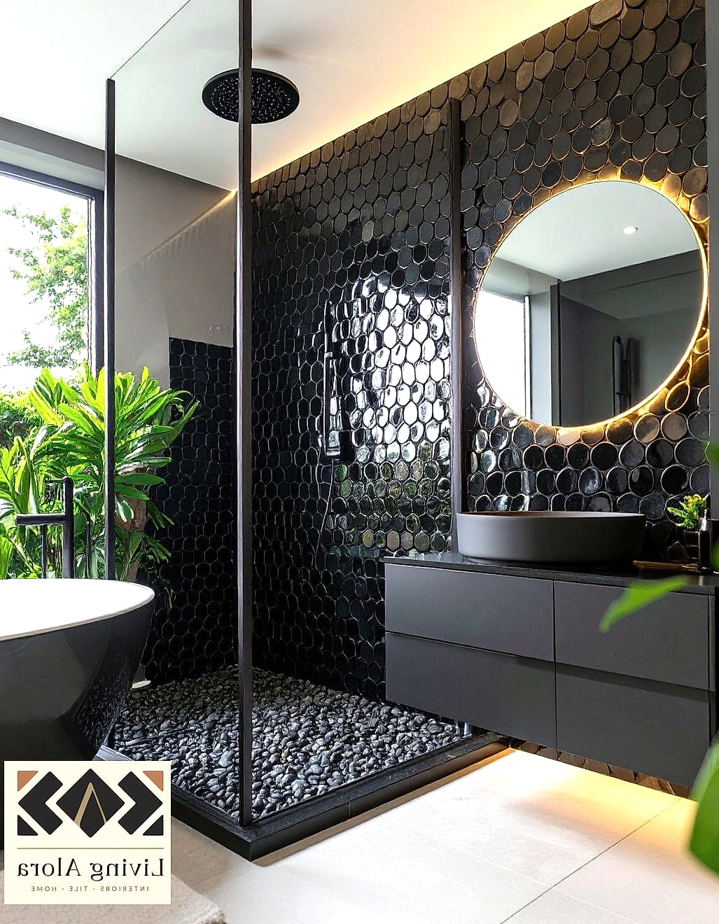 Textured Black Mosaic Shower Wall