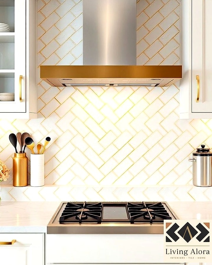 Textured White Tile with Gold Cabinet Hardware