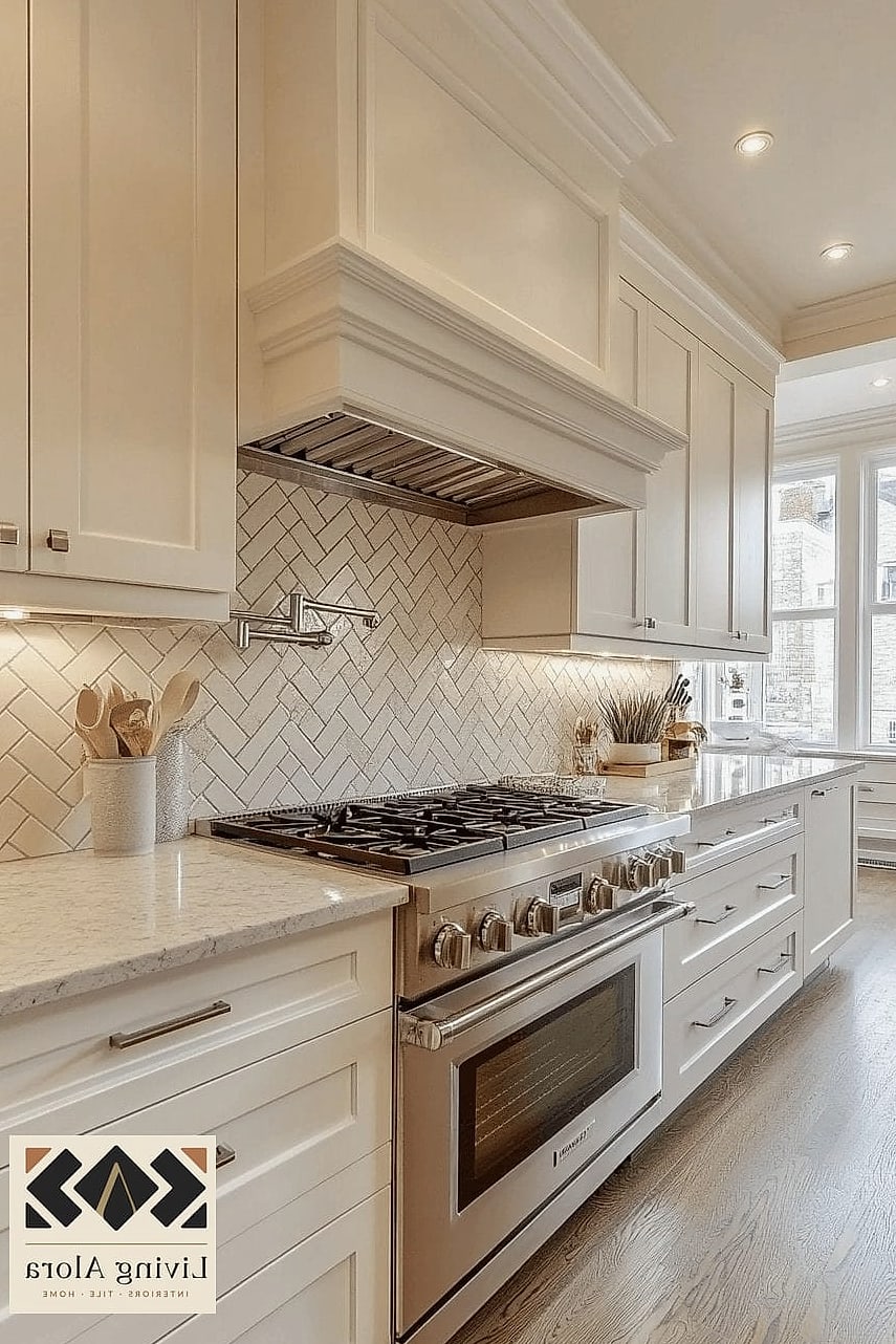 17 White Herringbone Backsplash Ideas to Inspire Your Next Renovation 16 Textured Zellige-Inspired Herringbone