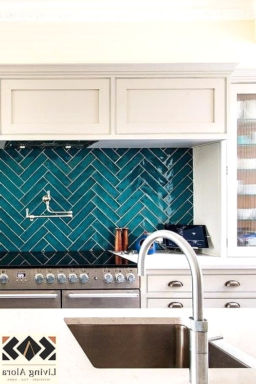 21 Trendy Colorful Herringbone Backsplash Ideas That Work in Any Size Home 16 Turquoise Herringbone Behind Open Shelving