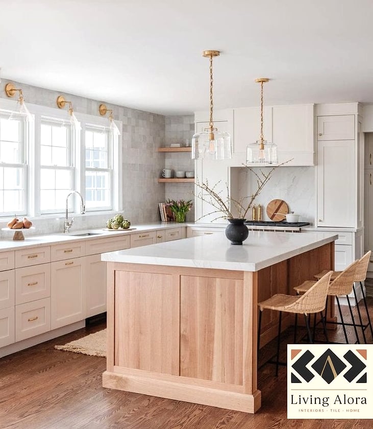 16 White Kitchen Ideas Perfect for Any Budget 9 Two-Tone White and Wood Islands