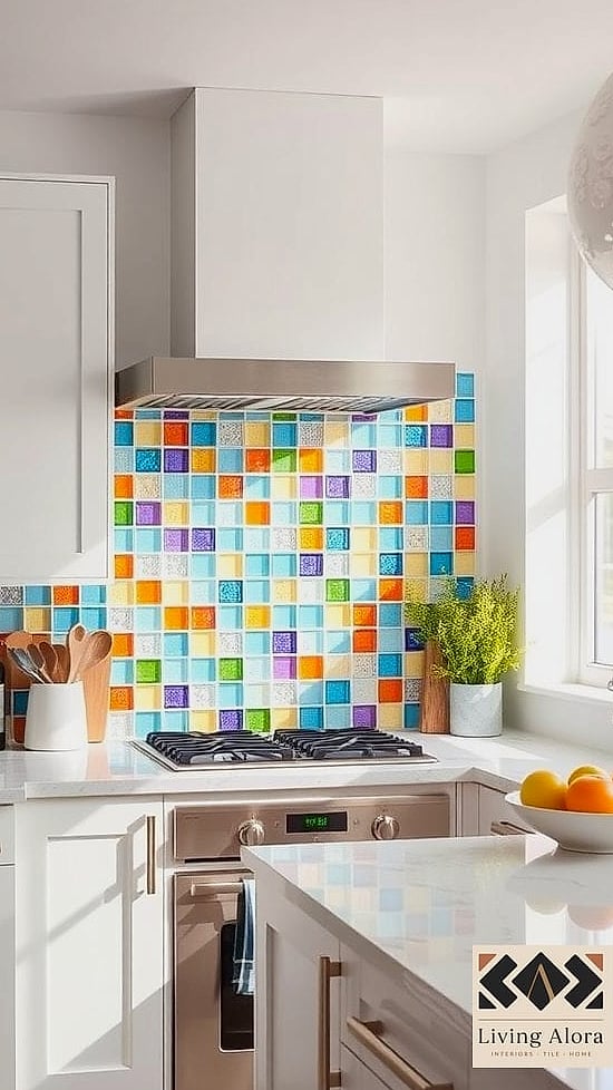 25 Colorful Glass Backsplash Ideas That Maximize Style and Function 16 Two-Tone Glass Tile Border Design