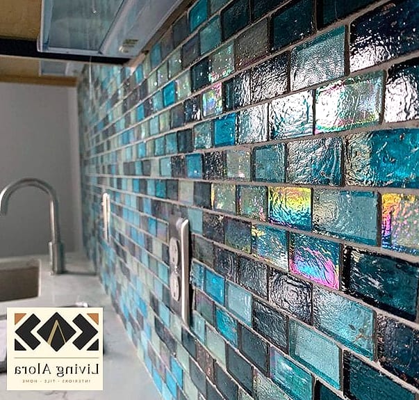 Vertical Stacked Glass Tile in a Shower