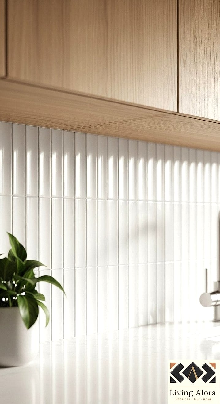 30 White Quartz Backsplash Ideas for Every Home Style and Budget 6 Vertical Stacked Tile Layout