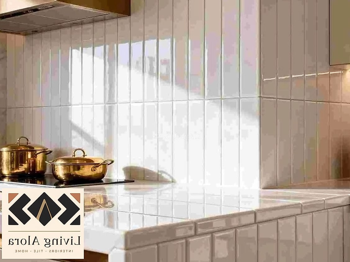 Vertical Stacked White Tile with Gold Trim Edges