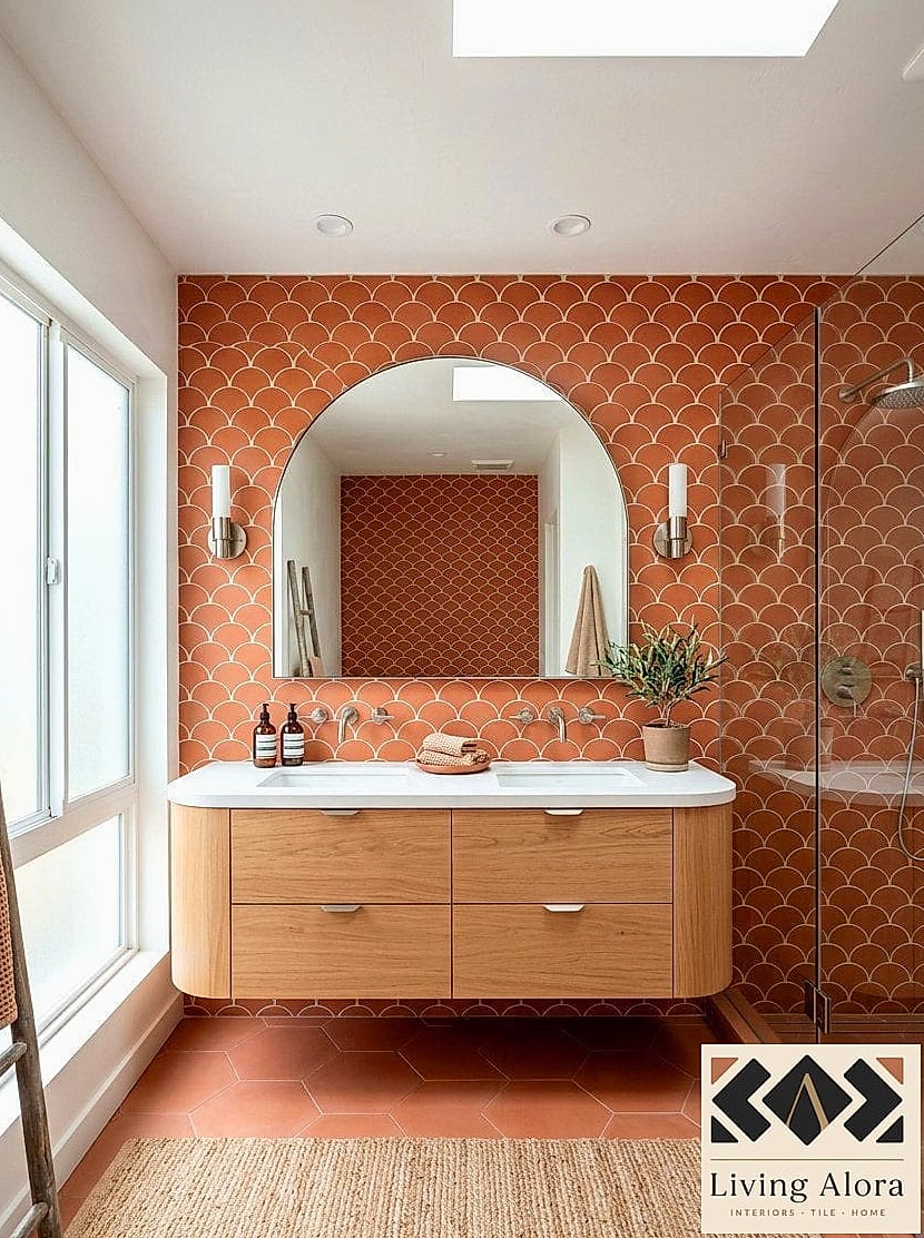 Warm Terracotta Fish Scale Tile on an Outdoor Kitchen Wall