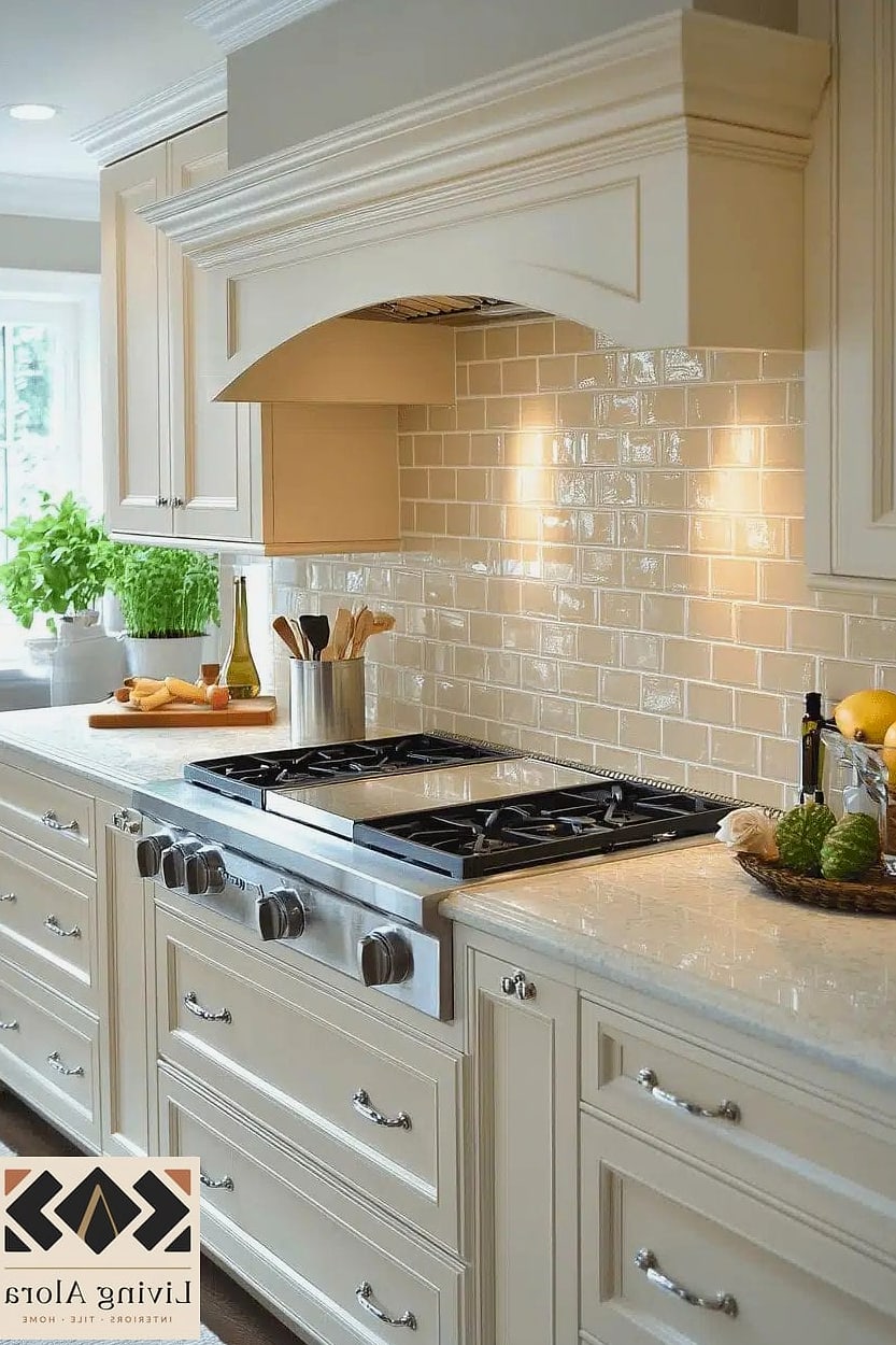 16 Backsplash for White Cabinets Ideas That Look Expensive But Aren't 14 Warm White Tile with Brass or Gold Accents