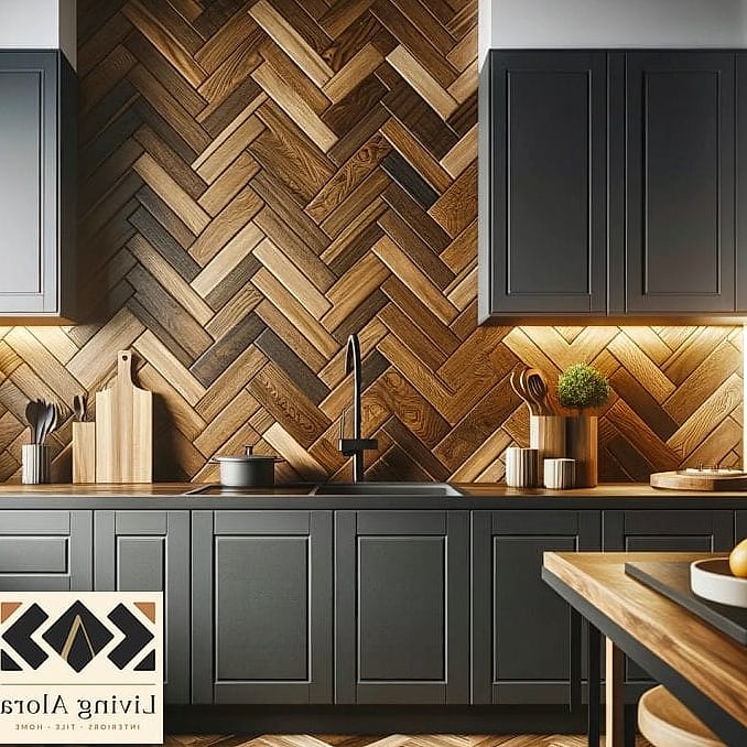 15 Backsplash for Dark Cabinets Ideas Worth Stealing From Interior Designers 11 Warm Wood-Look Porcelain for Cozy Contrast