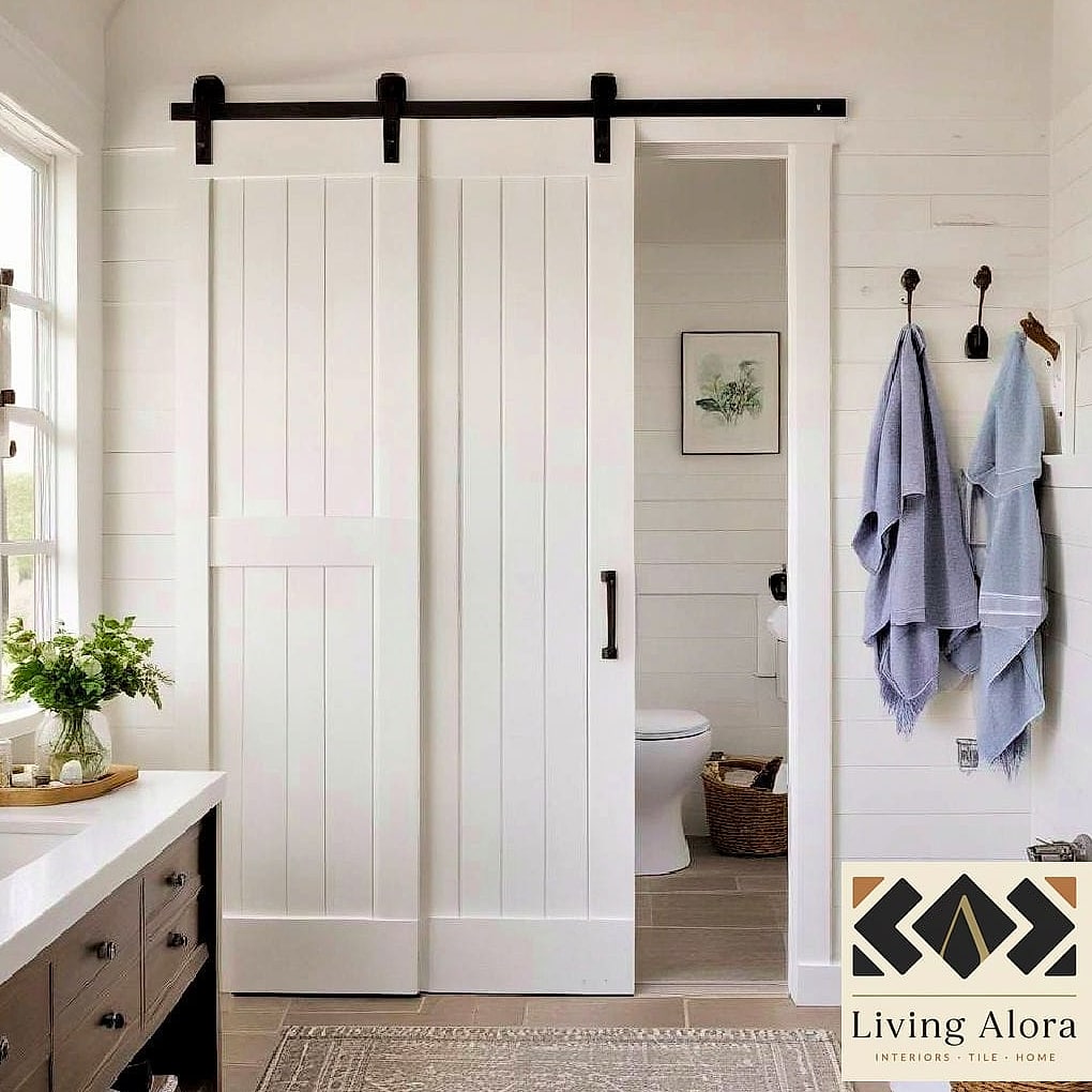 21 White Bathroom Ideas That Maximize Style and Function 20 White Barn Door for the Bathroom Entry