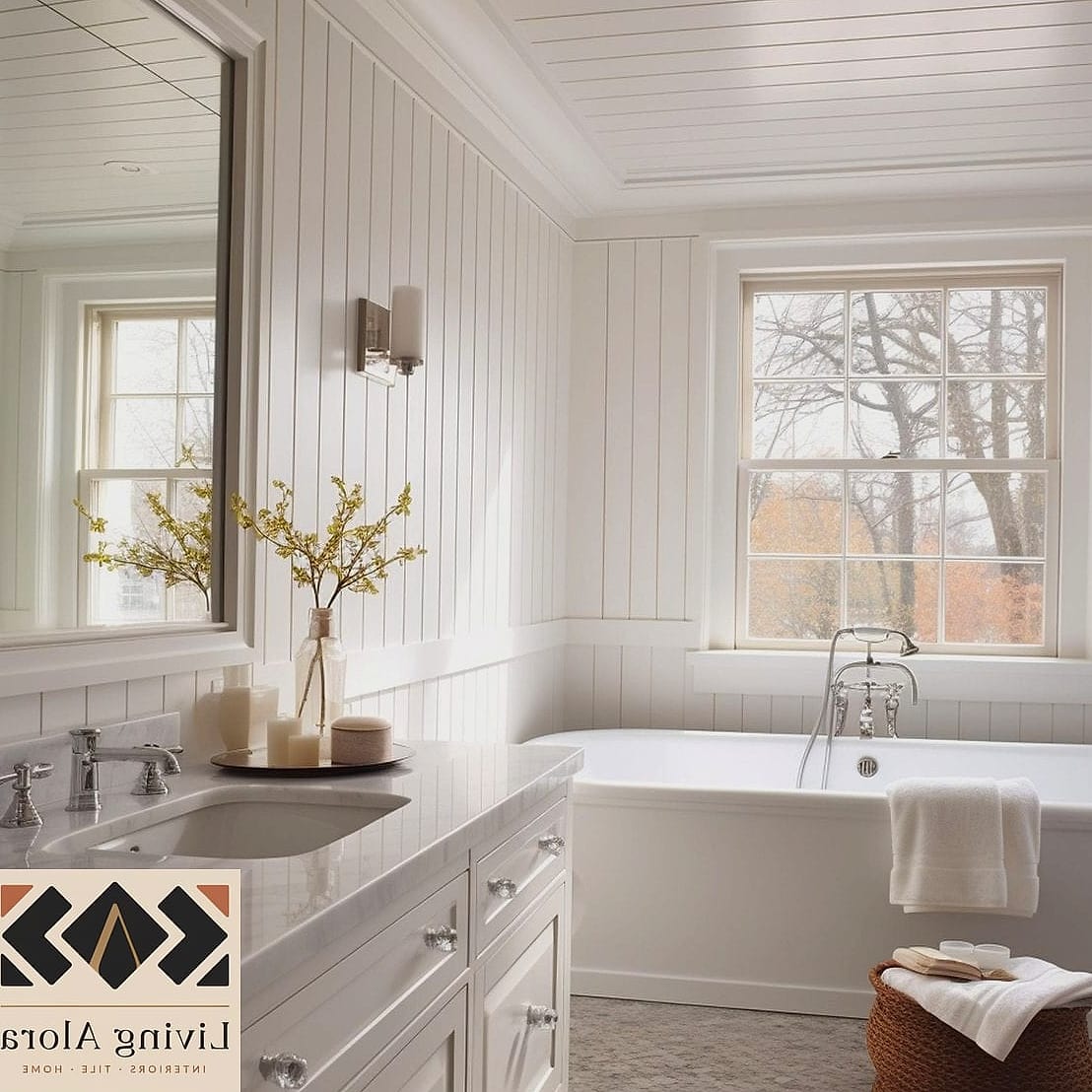 21 White Bathroom Ideas That Maximize Style and Function 12 White Beadboard Ceiling