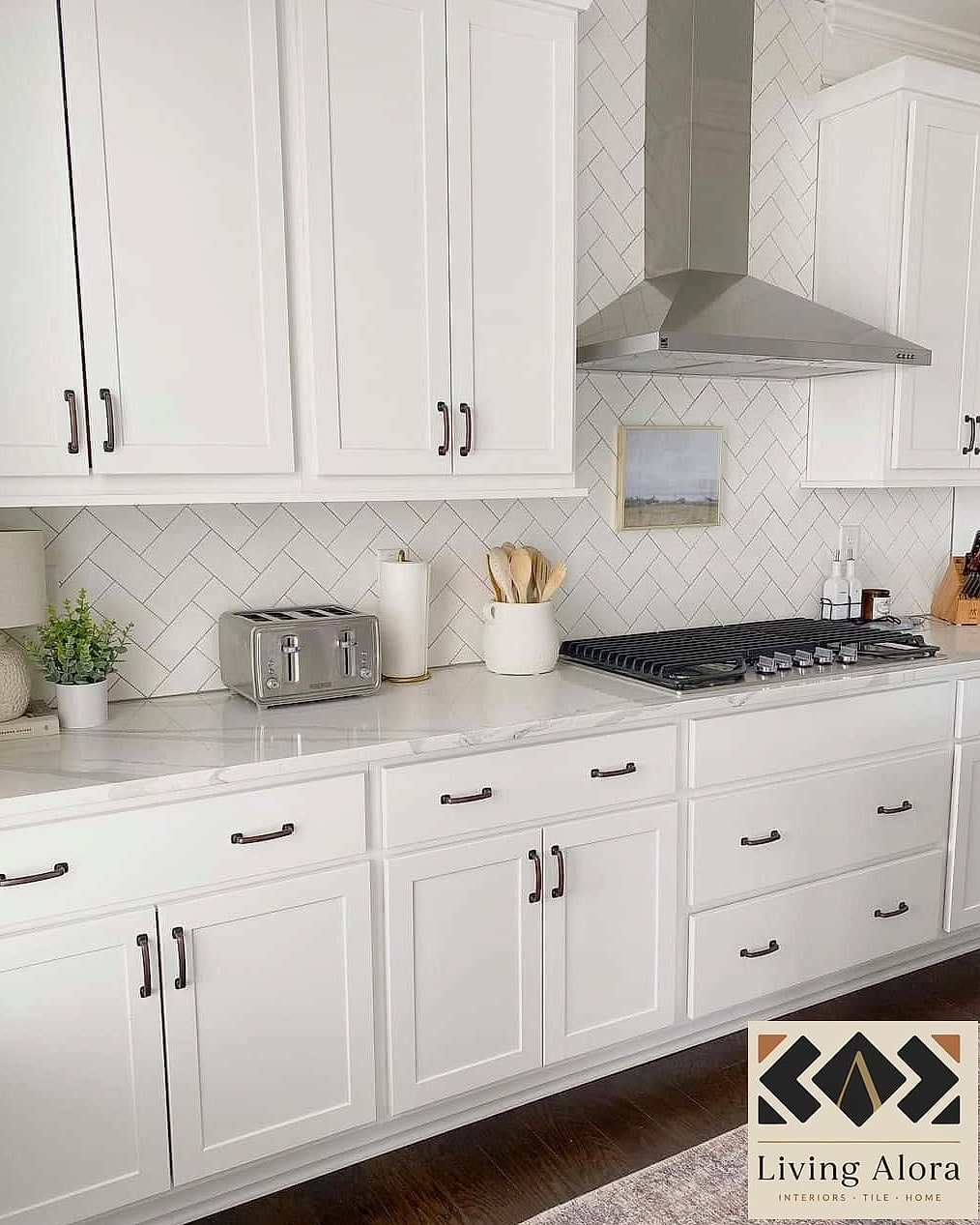 27 White Cabinets Ideas You Haven't Seen Before 12 White Cabinets with a Herringbone Tile Backsplash