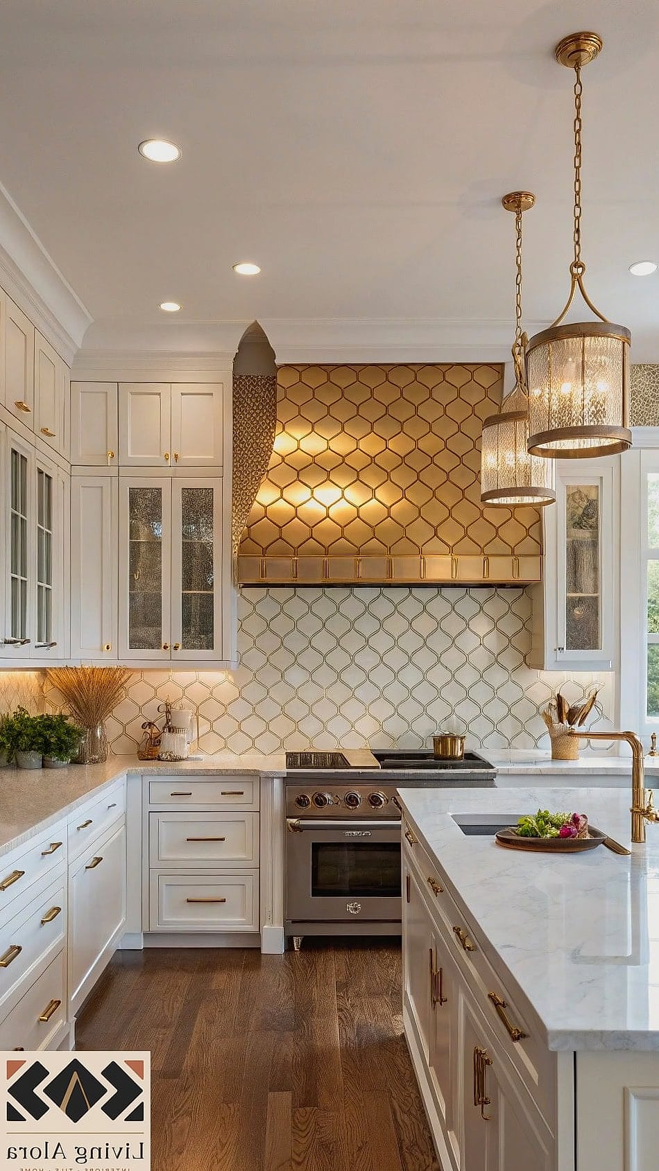 White Fish Scale Tile with Gold Accents