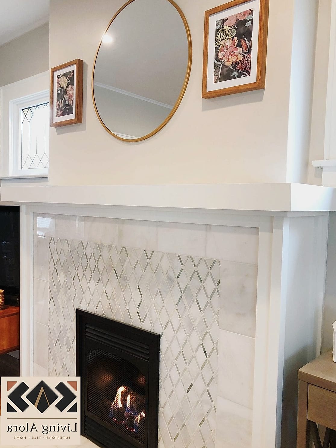 White Glass Tile Fireplace Surround