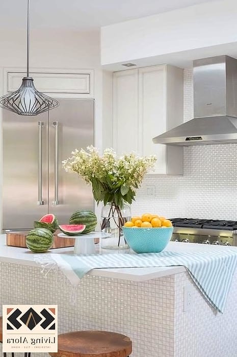 White Glass Tile Kitchen Island Wrap