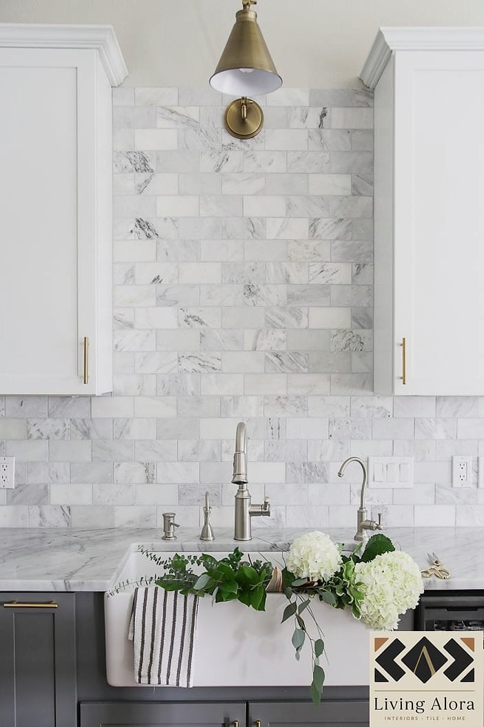 White and Grey Marble with Matte Black Fixtures