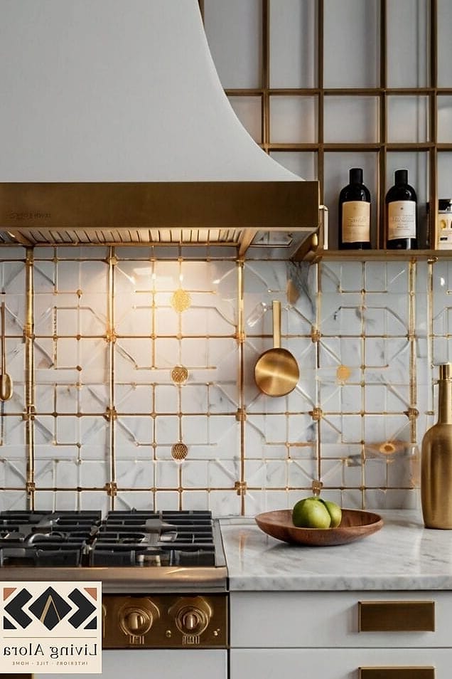 White Handmade Tile with Antique Gold Leafing