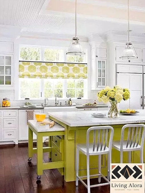 White Kitchen with a Colorful Island