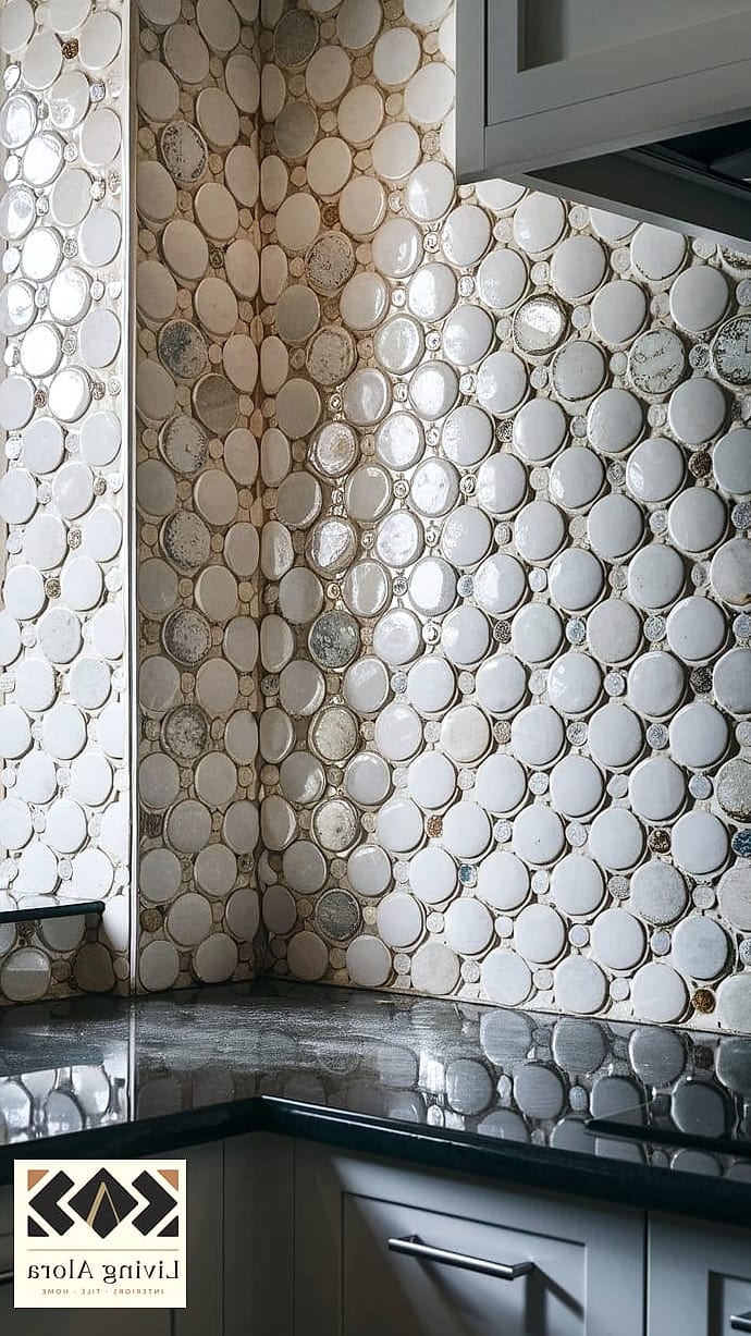 30 Modern White Backsplash Ideas You'll Want to Save Right Now 14 White Penny Round Tile