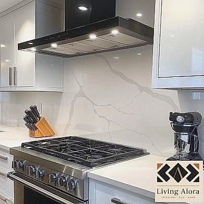 30 White Quartz Backsplash Ideas for Every Home Style and Budget 23 White Quartz Behind a Range Hood