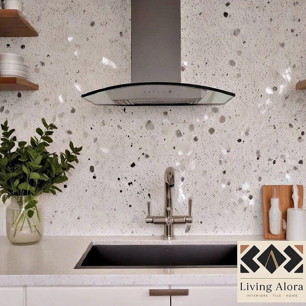 30 Modern White Backsplash Ideas You'll Want to Save Right Now 31 White Terrazzo-Look Tile