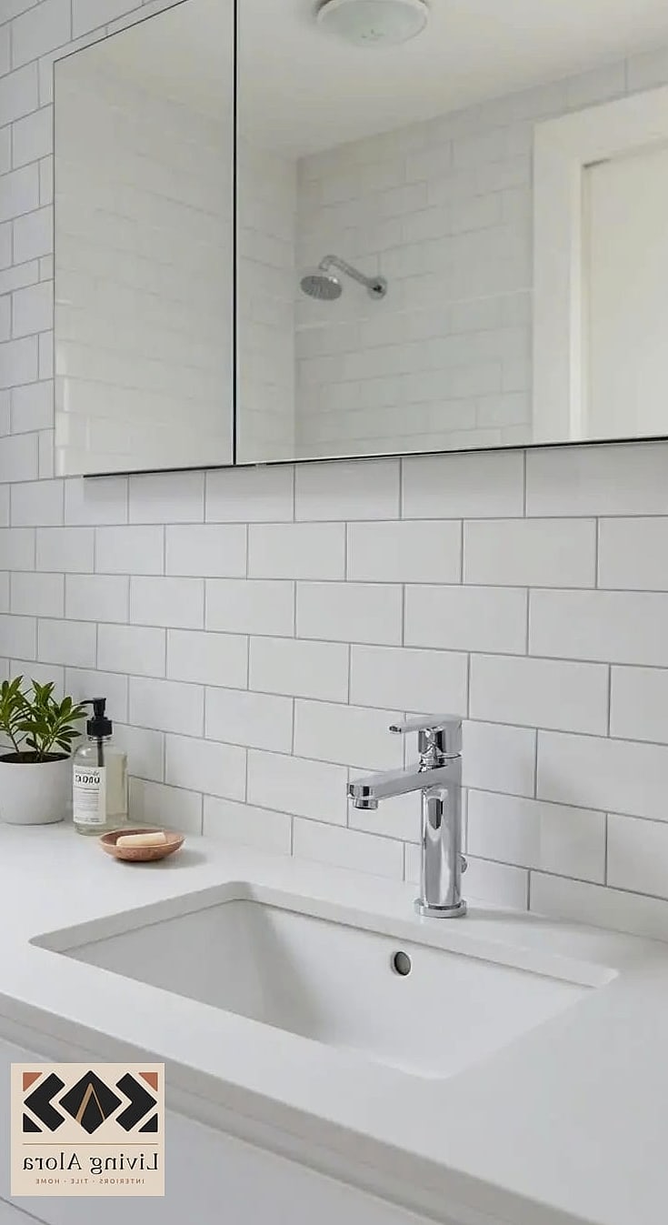 27 Backsplash for White Bathroom Ideas Trending on Pinterest This Year 18 White Tile with Thin Black Pencil Trim