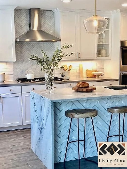 White Tile Kitchen Island Surround