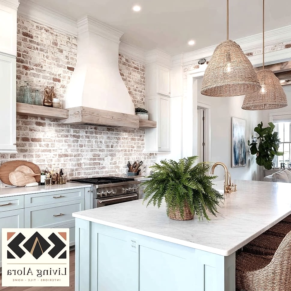 18 White Brick Backsplash Ideas You Haven't Seen Before 5 Whitewashed Brick with Exposed Red Peeking Through