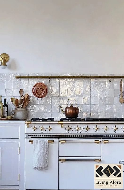 White Zellige Tile with Brushed Gold Fixtures