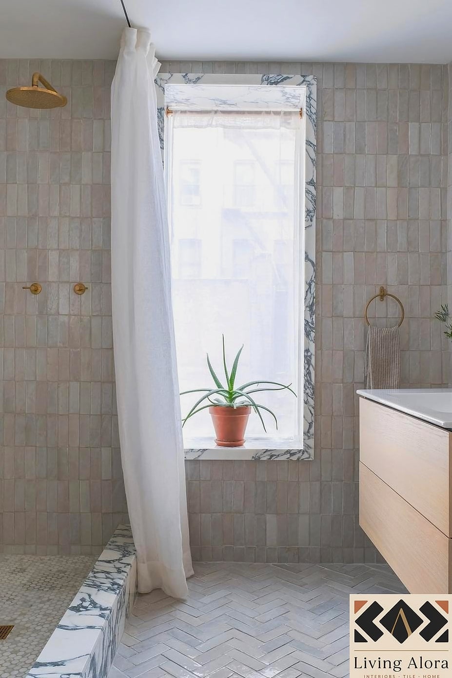21 White Bathroom Ideas That Maximize Style and Function 8 Zellige Tile Accent Wall